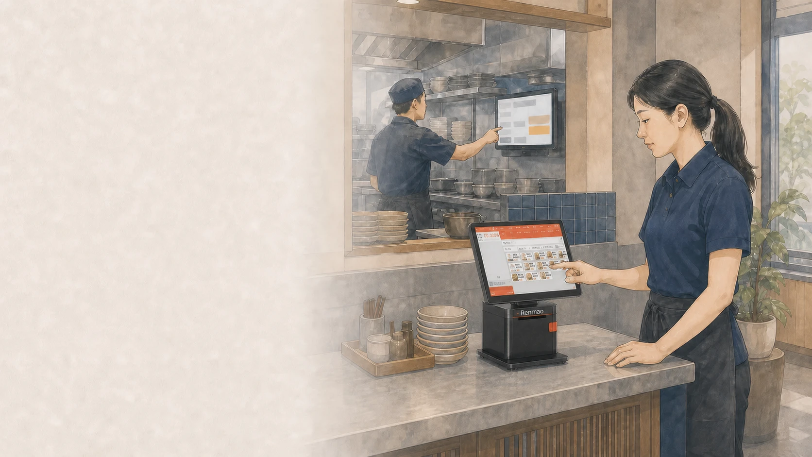 台灣餐廳店員操作顯示餐飲軟體畫面的 Renmao POS,廚房人員同步查看出餐訂單