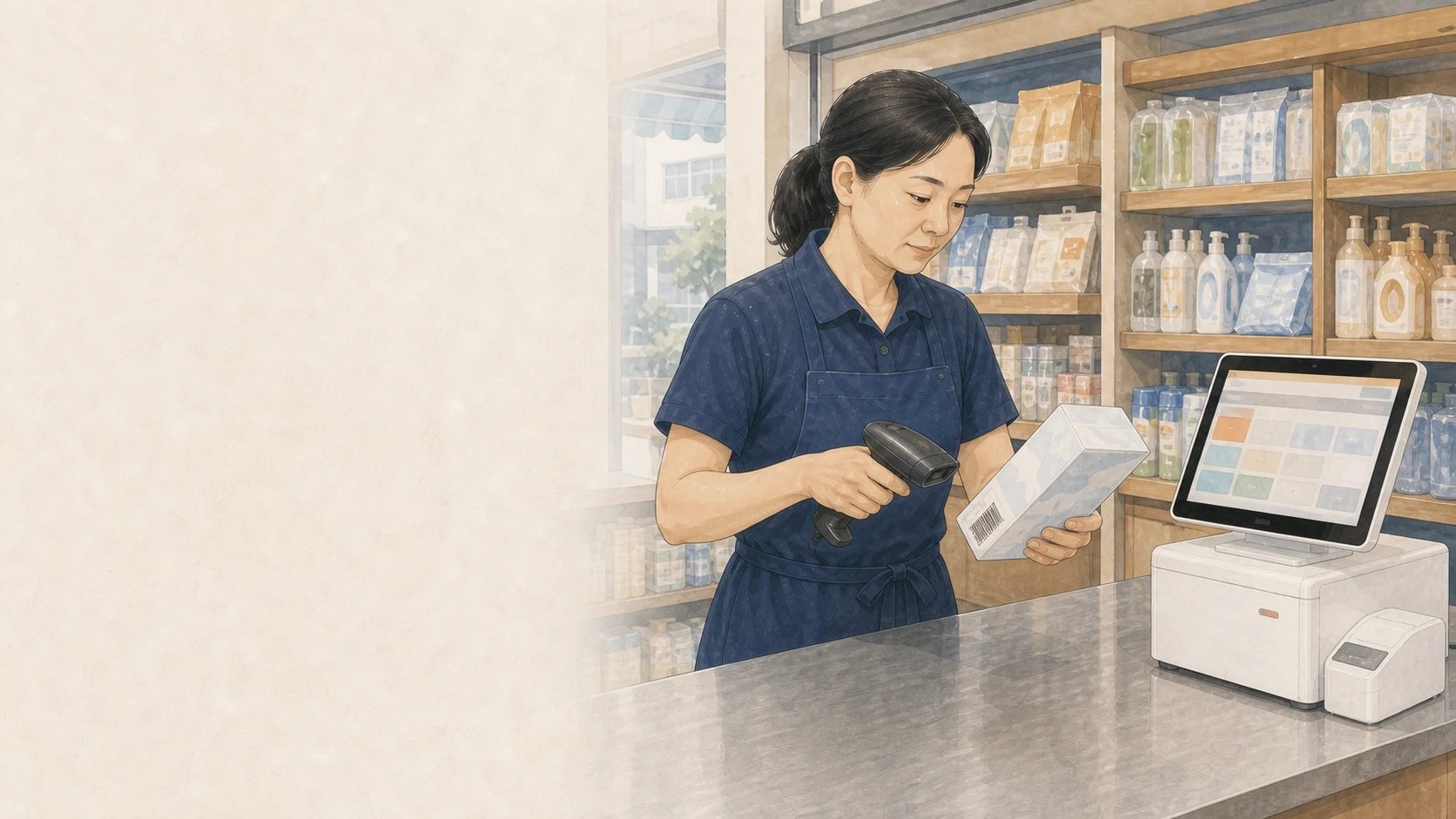 台灣零售門市店員在櫃檯掃描商品並操作 POS